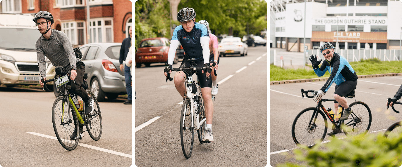 A series of three Cosy Bike and Hike cyclists. Each image has a male on a bike wearing a helmet, cycling on the road.
