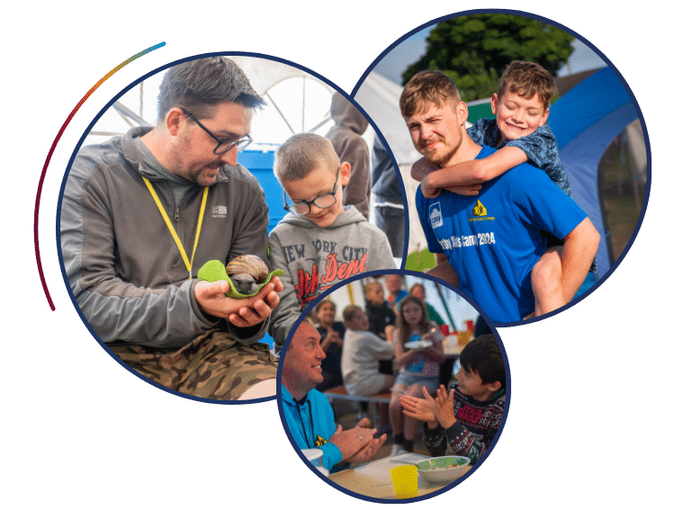Promo image for Cosy Bike and Hike - three circle shaped images overlapping each other with a dark blue boarder around each image. Image 1 shows two males, an adult and a child both wearing glasses, holding a giant snail on a leaf each. Image 2 shows two males, an adult and a child, the child on the back of the adult both in blue tshirts, smiling and looking at the camera. Image three shows two males, an adult and a child looking at each other smiling with there hands stretched out.