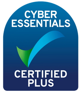 L.E.A.D. IT Services Cyber Essentials Certification Plus Logo with a gradient blue background and top text that reads 'CYBER ESSENTIALS' a two tones tick with the shorter part green and the longer part light blue and then text below that reads 'CERTIFIED PLUS'